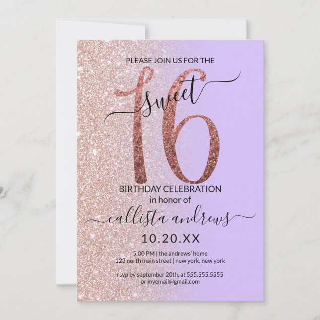 Girly Lavender Rose Gold Glitter Ombre Sweet 16 Invitation (Front)