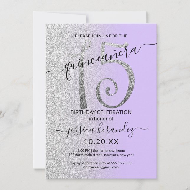 Girly Lavender Silver Glitter Ombre Quinceañera Invitation (Front)