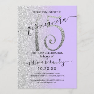 Girly Lavender Silver Glitter Ombre Quinceañera Invitation