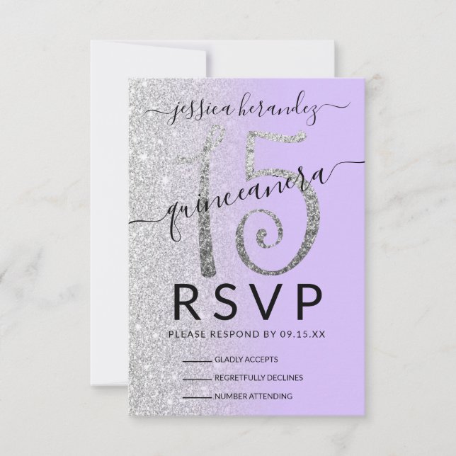 Girly Lavender Silver Glitter Ombre Quinceañera RSVP Card (Front)