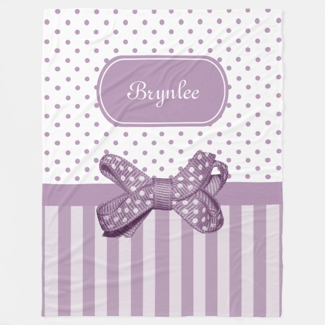 Girly Lavender Stripes Cute Polka Dot Bow and Name Fleece Blanket (Front)