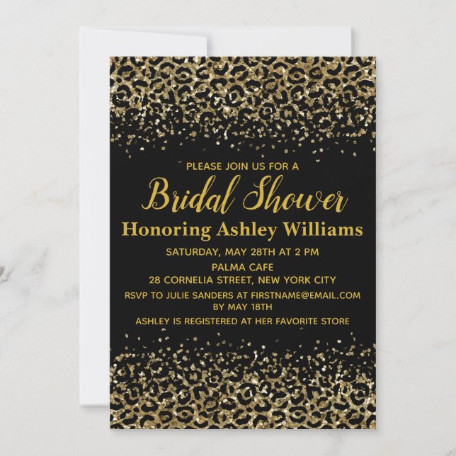 Girly Leopard Black Gold Bridal Shower Invitation (Front)