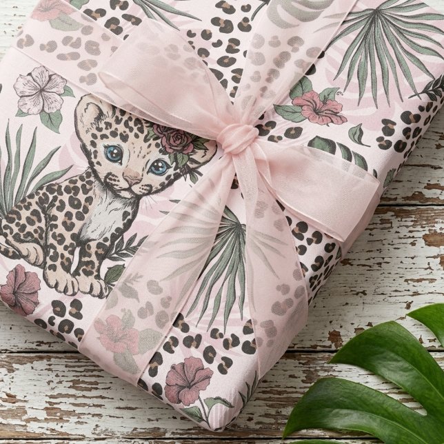 Girly Leopard Pink Safari Kids Jungle Pattern Wrapping Paper (Girly Baby Leopard Cub Animal Print Pink Wrapping Paper Kids Jungle Safari Theme Girl Birthday Party)