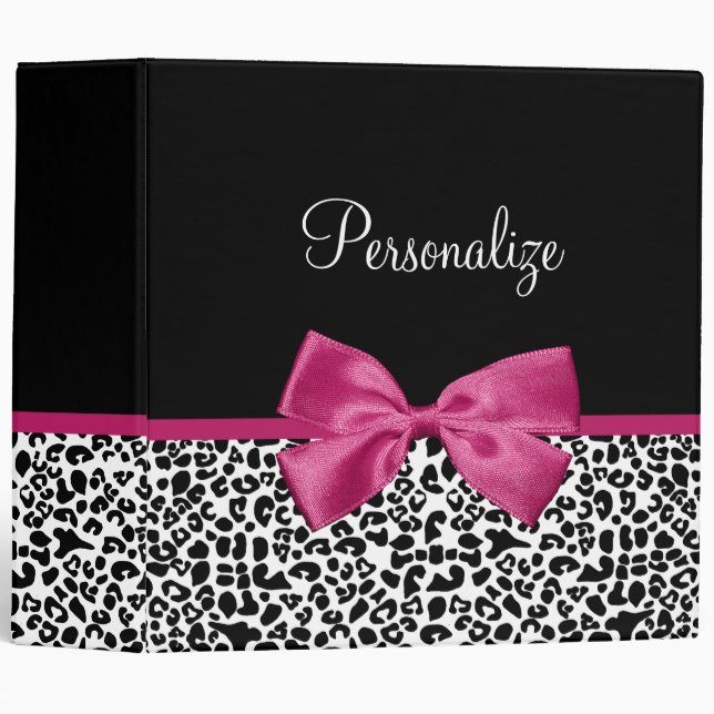 Girly Leopard Print and Dark Pink Bow Glam Design 3 Ring Binder (Front/Spine)
