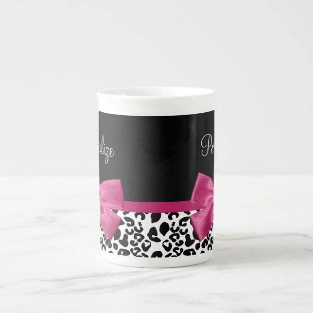Girly Leopard Print and Dark Pink Bow Glam Design Bone China Mug (Front)