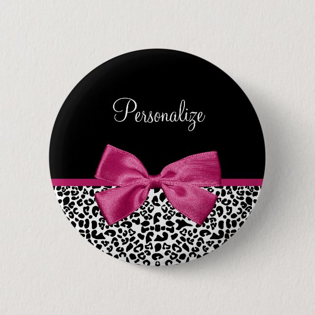 Girly Leopard Print and Dark Pink Bow Glam Design Button (Front)