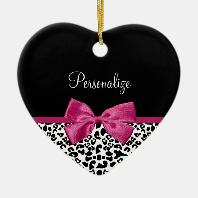 Girly Leopard Print and Dark Pink Bow Glam Design Ceramic Ornament (Front)