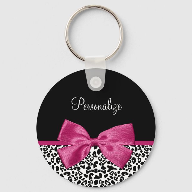 Girly Leopard Print and Dark Pink Bow Glam Design Keychain (Front)