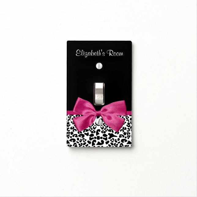 Girly Leopard Print and Dark Pink Bow Glam Design Light Switch Cover (In Situ)