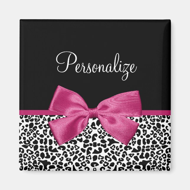 Girly Leopard Print and Dark Pink Bow Glam Design Magnet (Front)