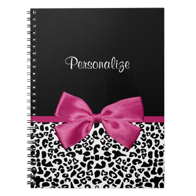 Girly Leopard Print and Dark Pink Bow Glam Design Notebook (Front)