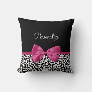 Girly Leopard Print and Dark Pink Bow Glam Design Throw Pillow