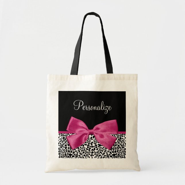 Girly Leopard Print and Dark Pink Bow Glam Design Tote Bag (Front)