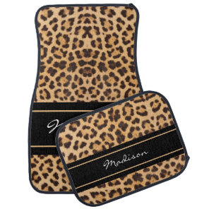 Girly Leopard Print Black Brown Monogrammed Name Car Floor Mat