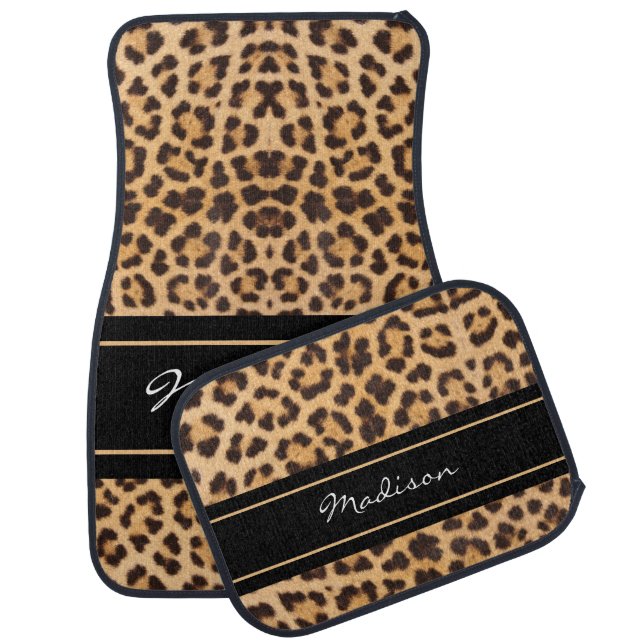 Girly Leopard Print Black Brown Monogrammed Name Car Floor Mat (Set)