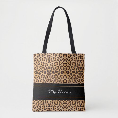 Girly Leopard Print Black Brown Stylish Monogram Tote Bag