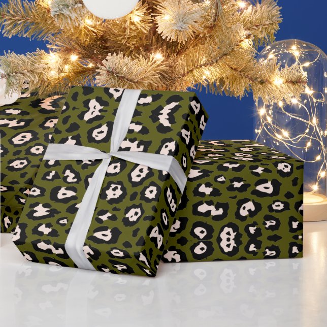 Girly leopard print blush pink olive green chic wrapping paper (Holidays)