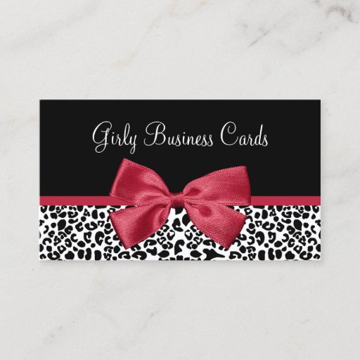 Customizable Fall Fashion Leopard Print With Samba Red Ribbon Business Card Template