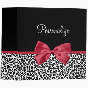 Girly Leopard Print Bright Red Ribbon With Name 3 Ring Binder