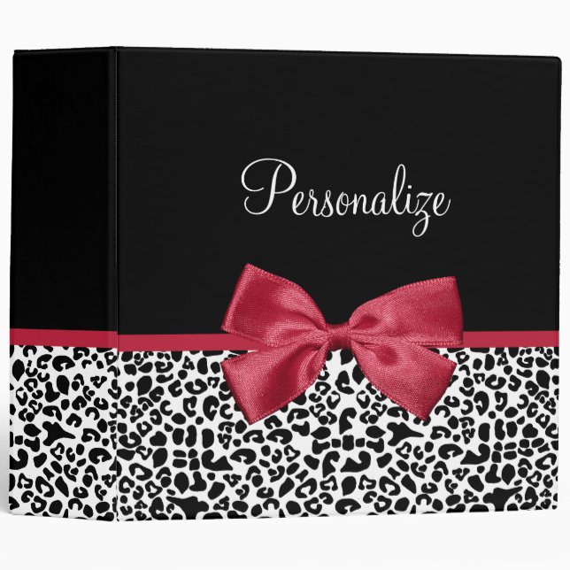 Girly Leopard Print Bright Red Ribbon With Name 3 Ring Binder (Front/Spine)
