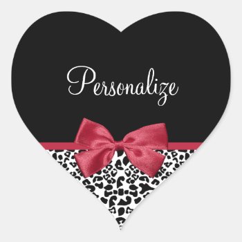Girly Leopard Print Bright Red Ribbon With Name Heart Sticker by ohsogirly at Zazzle