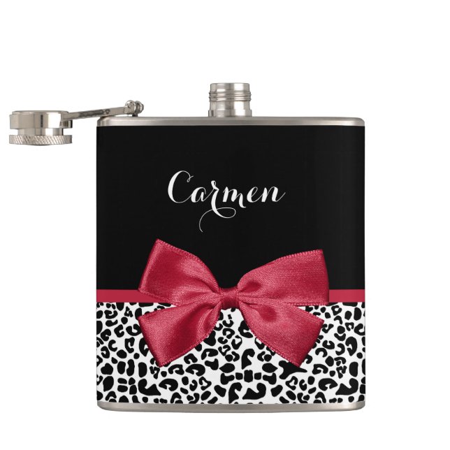 Girly Leopard Print Bright Red Ribbon With Name Hip Flask (Opened)