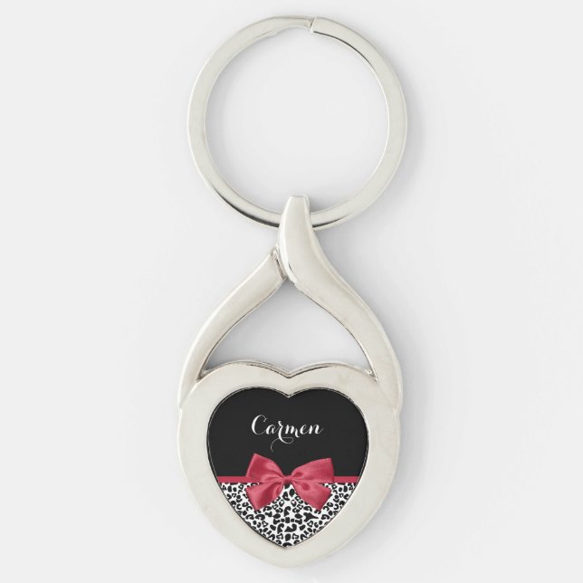 Girly Leopard Print Bright Red Ribbon With Name Keychain (Front)