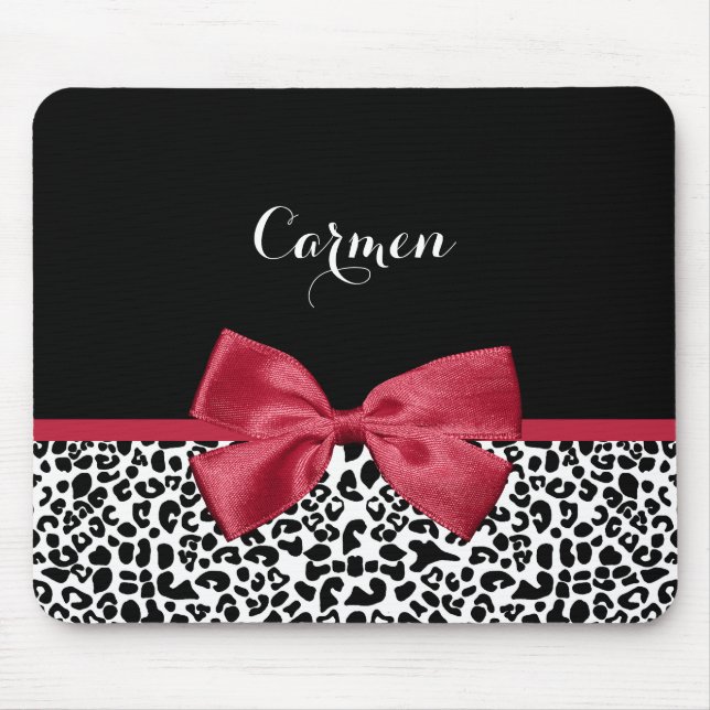 Girly Leopard Print Bright Red Ribbon With Name Mouse Pad (Front)