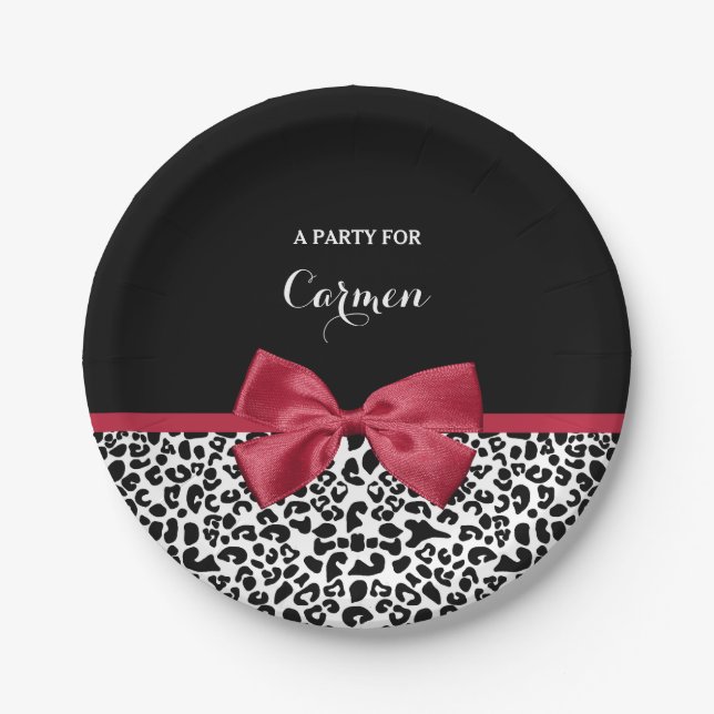 Girly Leopard Print Bright Red Ribbon With Name Paper Plates (Front)