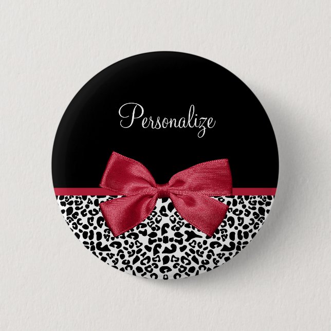 Girly Leopard Print Bright Red Ribbon With Name Pinback Button (Front)