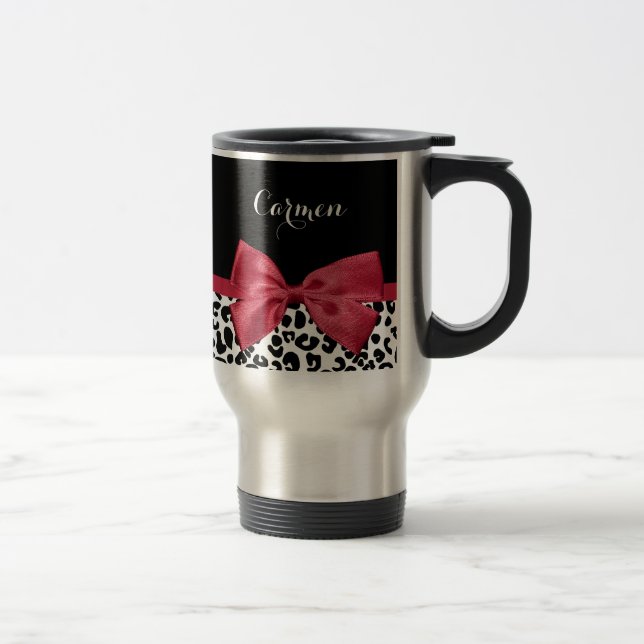 Girly Leopard Print Bright Red Ribbon With Name Travel Mug (Right)