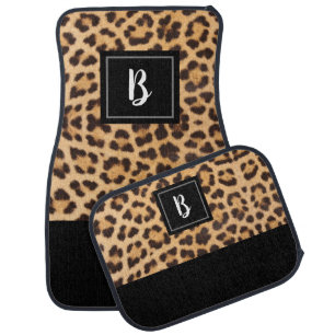 Girly Leopard Print Brown Black Monogram Initial Car Floor Mat