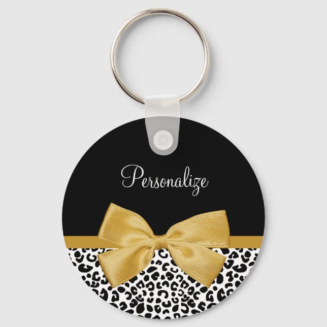 Girly Leopard Print Chic Gold Bow With Name Keychain (Front)