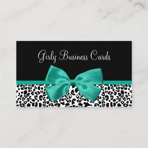 Customizable Fall Fashion Leopard Print Emerald Green Ribbon Business Card Template