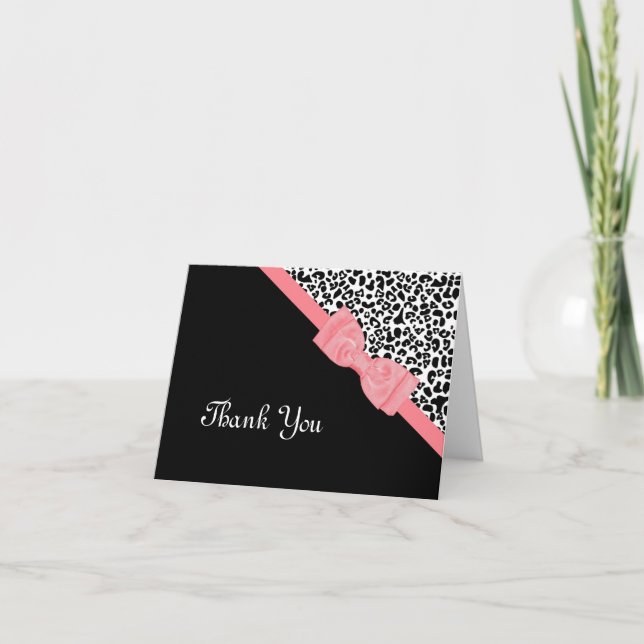 Girly Leopard Print Pink Bow Thank You Card (Front)