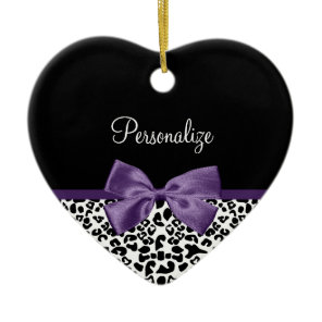 Girly Leopard Print Pretty Purple Ribbon With Name Ceramic Ornament