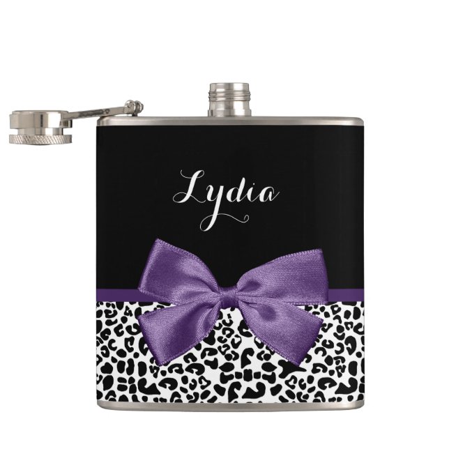 Girly Leopard Print Pretty Purple Ribbon With Name Hip Flask (Opened)