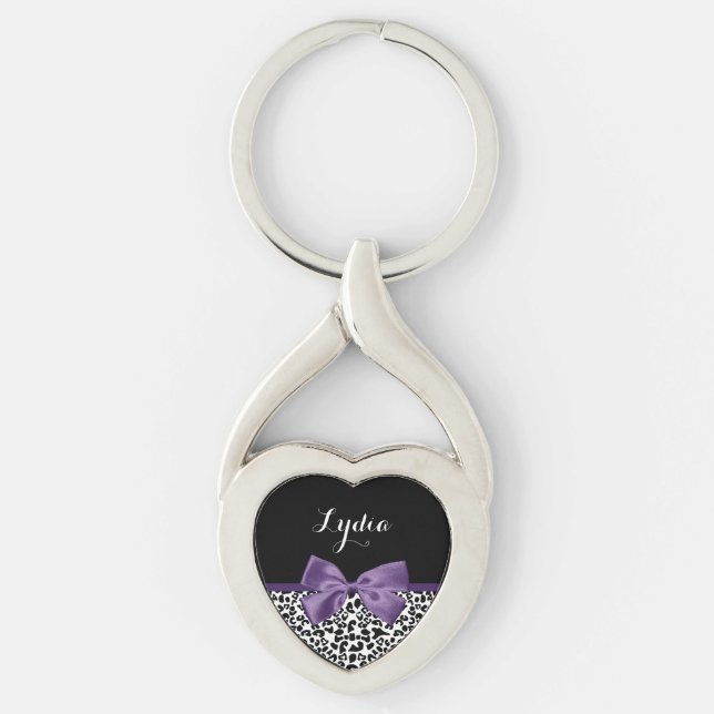 Girly Leopard Print Pretty Purple Ribbon With Name Keychain (Front)