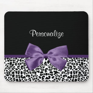 Girly Leopard Print Pretty Purple Ribbon With Name Mouse Pad