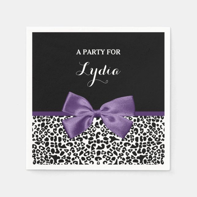 Girly Leopard Print Pretty Purple Ribbon With Name Napkins (Front)
