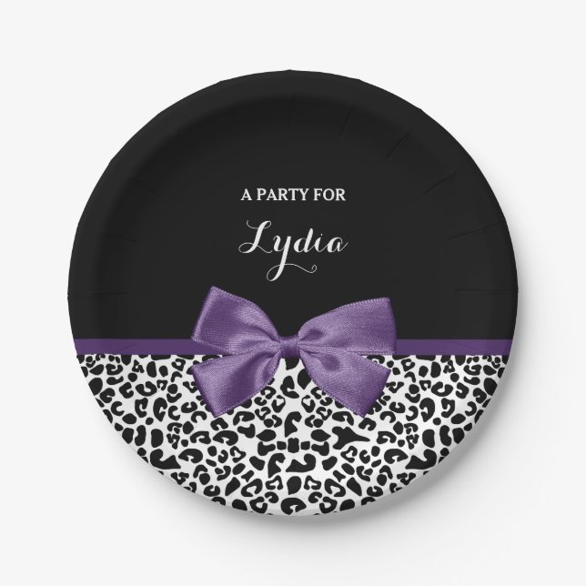 Girly Leopard Print Pretty Purple Ribbon With Name Paper Plates (Front)