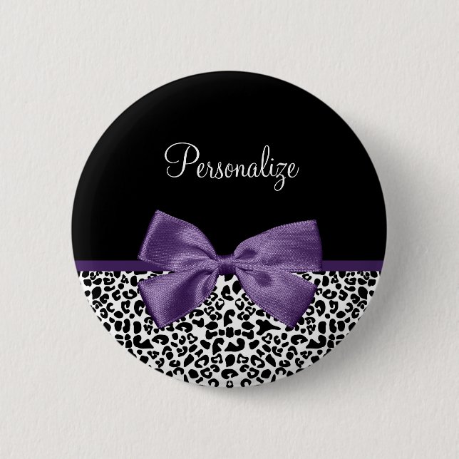 Girly Leopard Print Pretty Purple Ribbon With Name Pinback Button (Front)