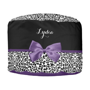Girly Leopard Print Pretty Purple Ribbon With Name Pouf