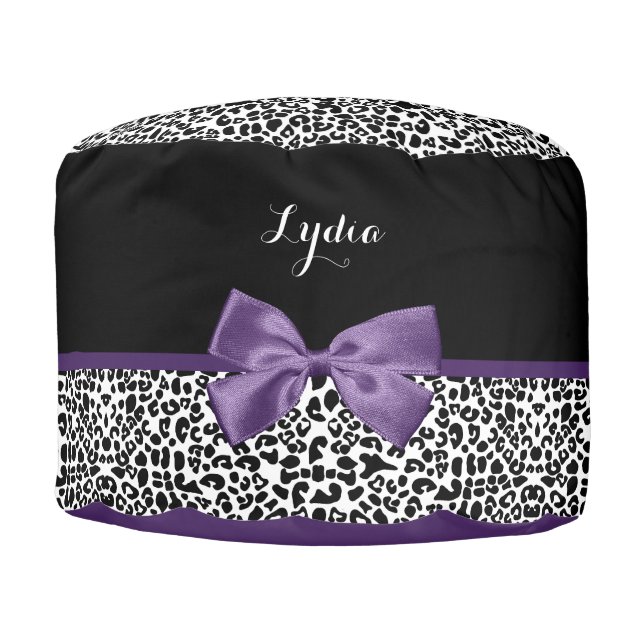 Girly Leopard Print Pretty Purple Ribbon With Name Pouf (Front)