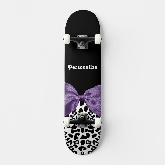 Girly Leopard Print Pretty Purple Ribbon With Name Skateboard Deck (Front)