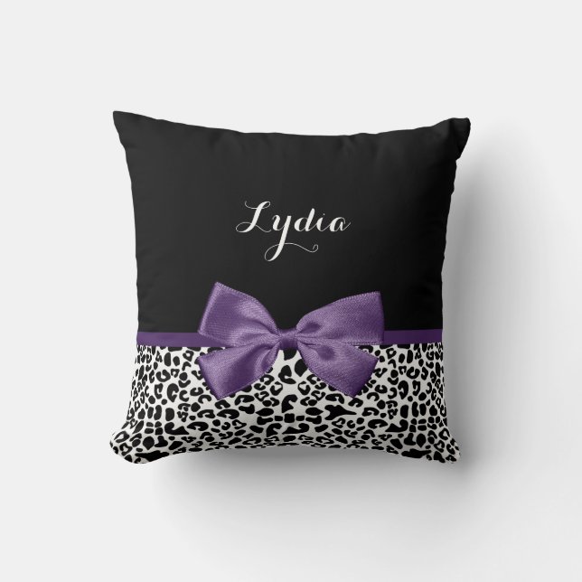 Girly Leopard Print Pretty Purple Ribbon With Name Throw Pillow (Front)