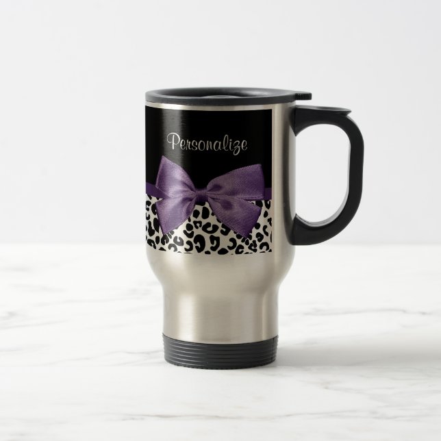 Girly Leopard Print Pretty Purple Ribbon With Name Travel Mug (Right)