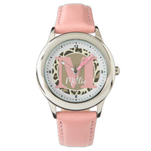 Girly Leopard Print Rockabilly Pattern Monogram Watch