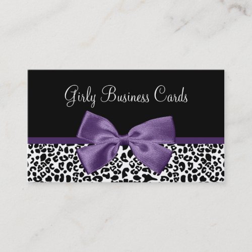 Girly Leopard Print Trendy Purple Ribbon Business Card