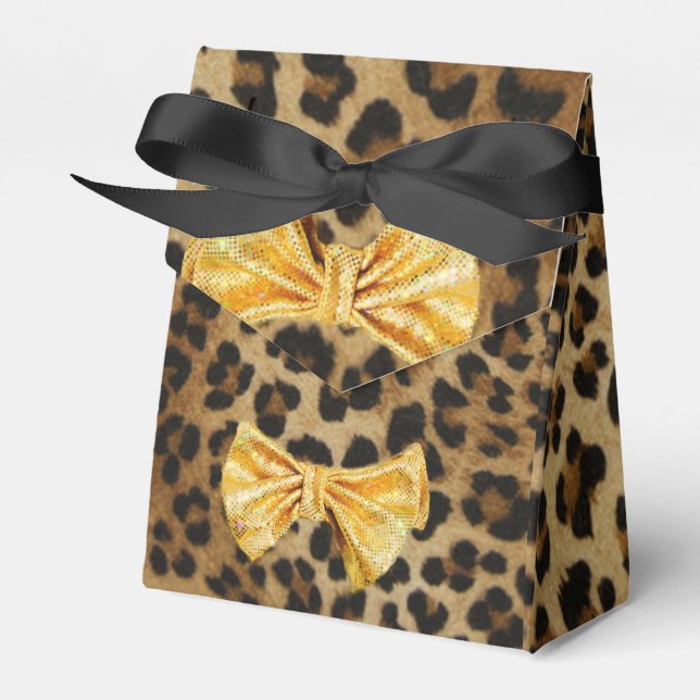 Girly Leopard Print With Bling Gold Bow Favor Boxes (Front Side)